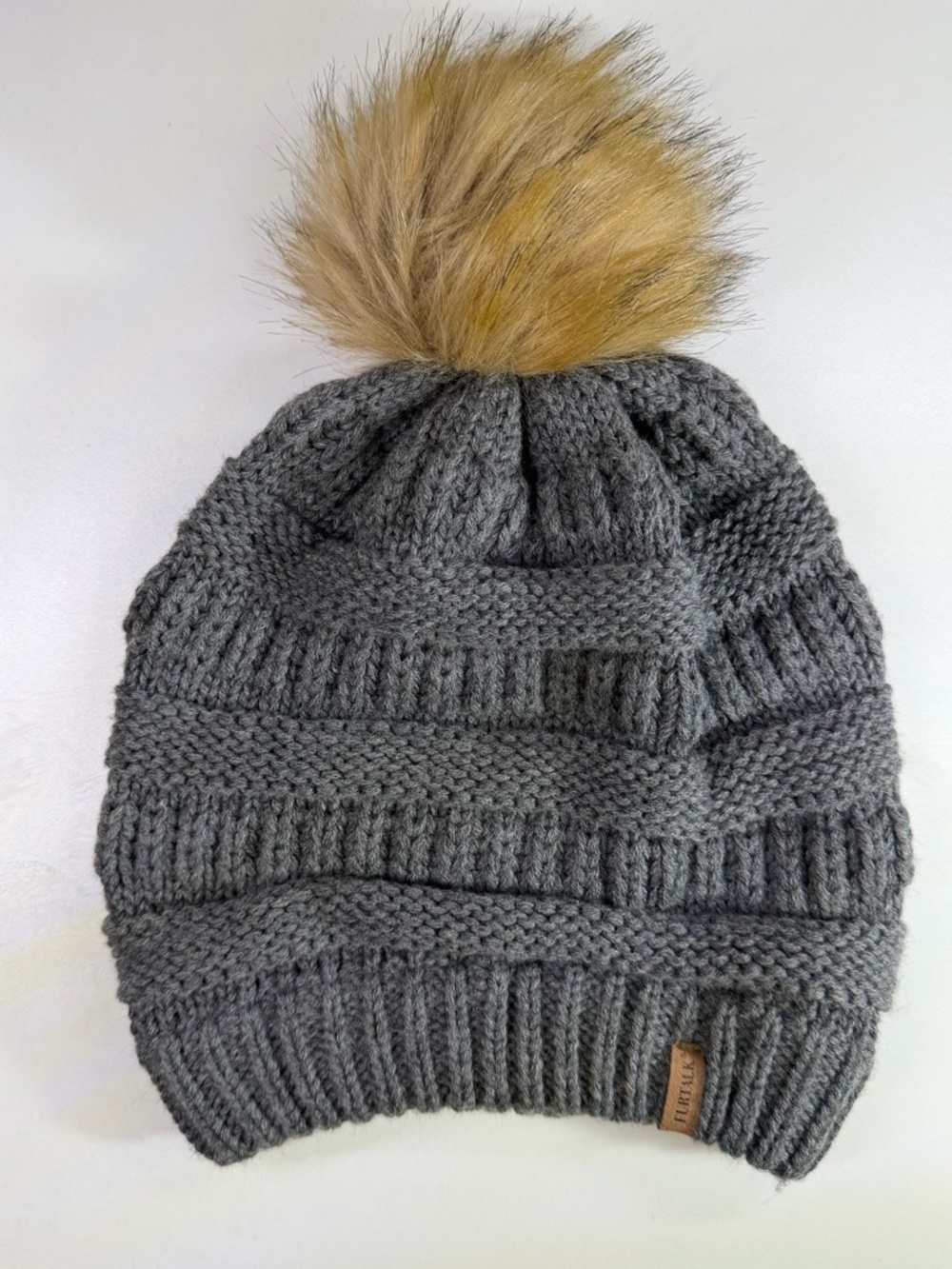 UNISEX Furtalk Knit Pom Beanie in Gray with Tan Faux Fur Pom